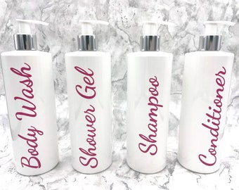 Bathroom Bottle Set With Font D Vinyl Decal | Mrs Hinch Inspired Custom Bath Shower Storage Organiser, Reusable Personalised Pump Dispenser