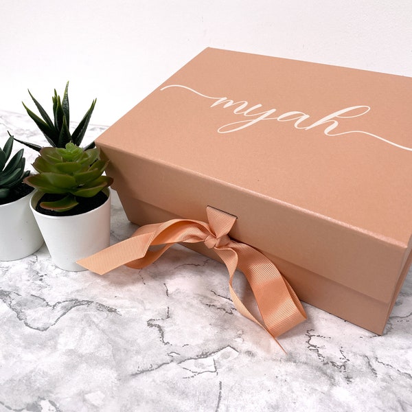 Personalised Gift Boxes With Ribbon and Magnetic Lid Vinyl | Special Occasions Luxury Customised Hamper Any Name Bag Keepsake Present Memory