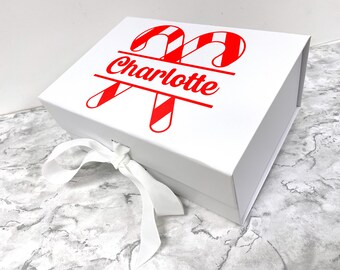 Personalised Christmas Candy Cane Gift Boxes With Ribbon & Magnetic Lid Vinyl | Luxury Xmas Hamper Any Name Keepsake Present Memory Festive