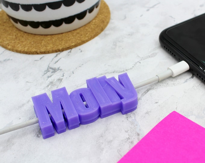 Featured listing image: Personalized Cable Tags 3D Printed | iPhone & Android Charger Names, Personalised Phone Gift, USB Cable, Customised, iPad or Tablet Label
