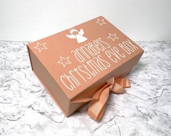 Personalised Angel Christmas Eve Gift Boxes With Ribbon & Magnetic Lid Vinyl | Luxury Xmas Hamper Any Name Keepsake Present Memory Festive