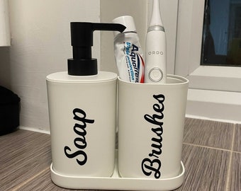 Bathroom Organisation Set 3pcs with Vinyl Decal | Mrs Hinch Inspired Custom Personalised Pump Dish Container Storage Brushes Dental Handmade