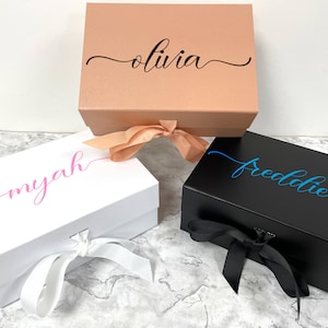 Personalised Gift Boxes With Ribbon and Magnetic Lid Vinyl Special Occasions Luxury Customised Hamper Any Name Bag Keepsake Present Memory image 2