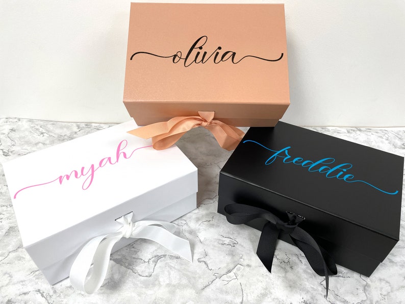 Personalised Gift Boxes With Ribbon and Magnetic Lid Vinyl Special Occasions Luxury Customised Hamper Any Name Bag Keepsake Present Memory image 2