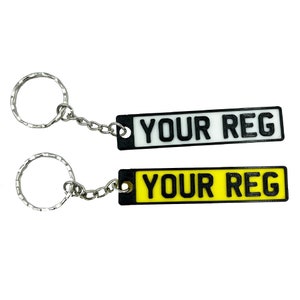 GPG Set of 2 Personalised Number Plate Keyrings 3D printed White and Yellow 3D Printed Keychain image 1