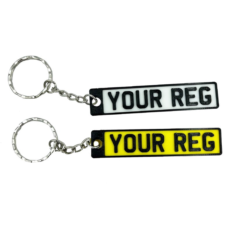 GPG Set of 2 Personalised Number Plate Keyrings 3D printed White and Yellow 3D Printed Keychain image 1