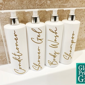 Bathroom Bottle Set With Font F Vinyl Decal | Mrs Hinch Inspired Custom Bath Shower Storage Organiser, Reusable Personalised Pump Dispenser