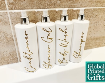 Badezimmer Flasche Set mit Schrift F Vinyl Aufkleber | Mrs Hinch Inspiriert Benutzerdefinierte Bad Dusche Lagerung Organizer, wiederverwendbare personalisierte Pumpspender