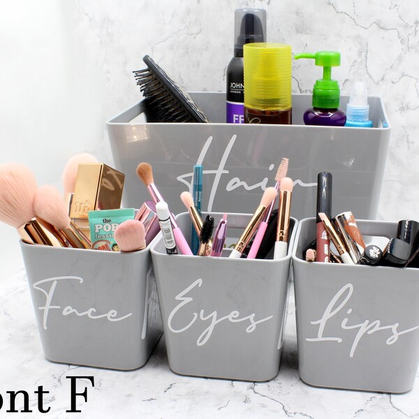 Set of 4 Personalised Makeup Font F Vinyl | Mrs Hinch Inspired Custom Stationary Storage with Personalized Decal for Home Office Organiser