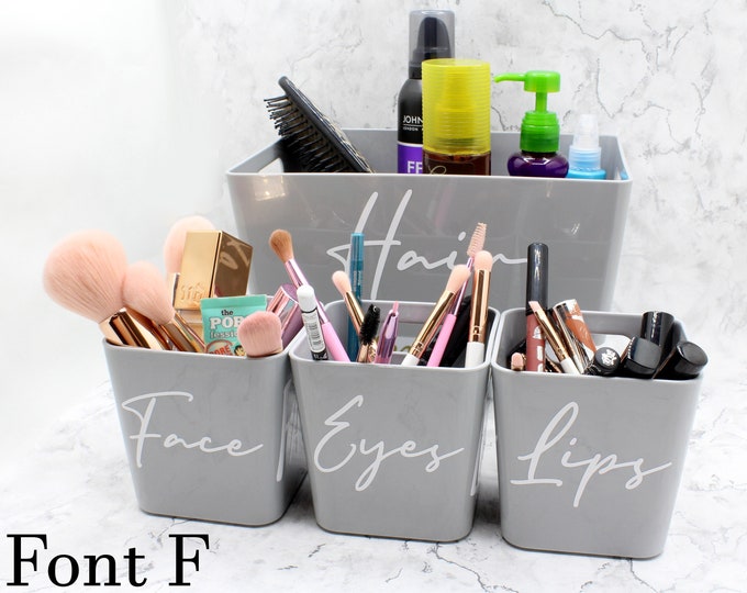 Featured listing image: Set of 4 Personalised Makeup Font F Vinyl | Mrs Hinch Inspired Custom Stationary Storage with Personalized Decal for Home Office Organiser