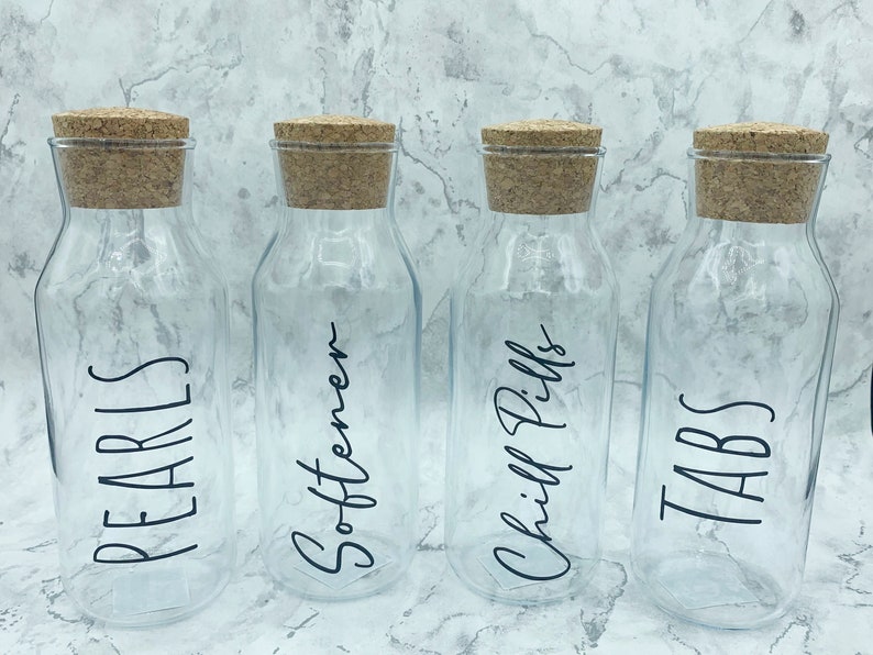 Personalised Glass Laundry Storage Containers With Vinyl Decal Mrs Hinch Inspired Home Organisation Cork Lid Jars 1L or 500ml, 画像 2