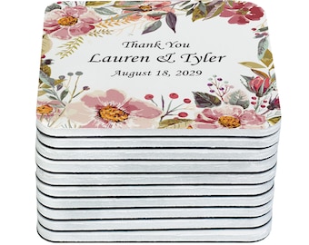 May include: A stack of 15 white square coasters with a floral design and the text "Thank You Lauren & Tyler August 18, 2029".