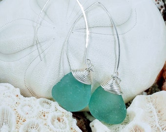 Aqua Sea Glass Earrings: Sterling Silver Wire Wrapped Beach Jewelry