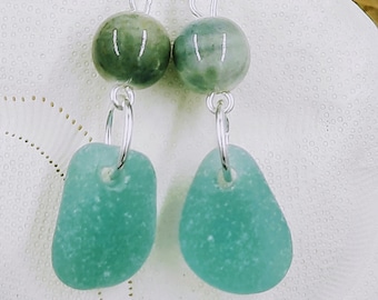 Aqua Sea Glass Earrings: Sterling Silver, Beach Jewelry