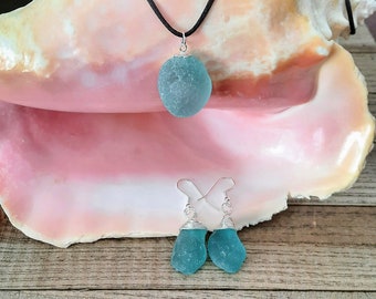 Aqua Sea Glass Necklace & Earring Set: Sterling Silver, Beach Jewelry
