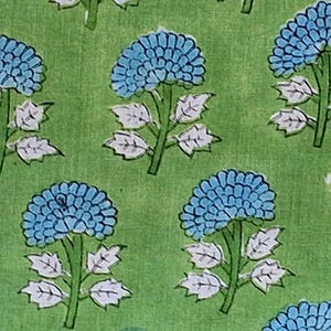 Floral Block Print Cotton Fabric: Green & Blue Indian Sewing Fabric