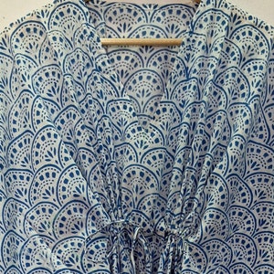White Blue Floral Block Print Kaftan Maxi Dress,Gown,Loungewear,Beach Cover Up,Long Short Kaftan,Bridesmaid gift,gift for her