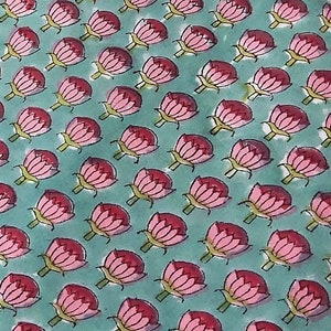 Green Pink Rayon Block Print Fabric,Lotus Print,Dress Fabric,Curtain Fabric,By the Yard,Vegetable Dyed,Quilting Fabric,Floral Print Fabric