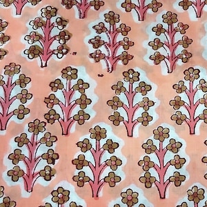 Peach Pink Brown Block Print Fabric,Floral Print Fabric,By the Yard,Vegetable Dyed,Fabric for Dress Curtain Table cloth Quilting Pillow