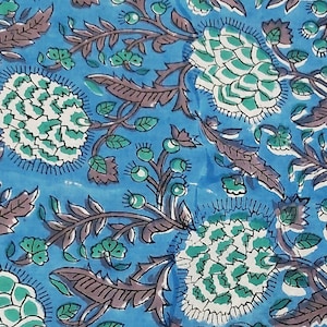 Blauwgrijze Indiase blokprintstof, bloemenprintstof, op maat gesneden, jurkstof, gordijnstof, naai-quiltstof, bekledingsstof