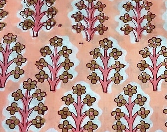 Peach Pink Brown Block Print Fabric,Floral Print Fabric,By the Yard,Vegetable Dyed,Fabric for Dress Curtain Table cloth Quilting Pillow
