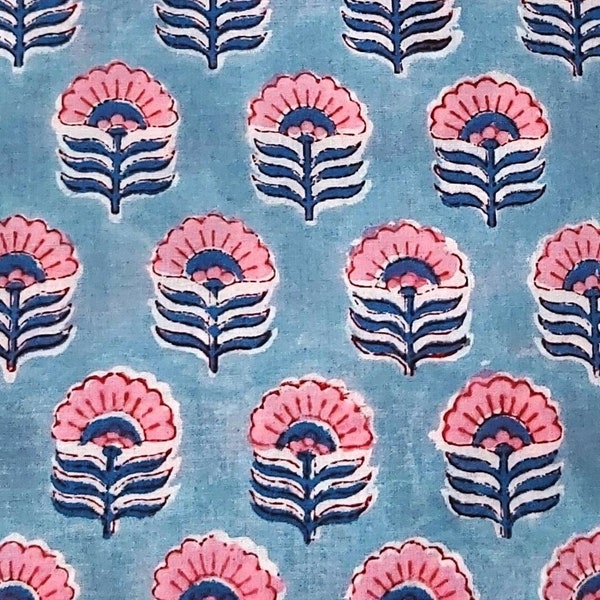 Blauw roze Indiase blokprint stof, bloemenprint stof, op maat gesneden, kledingstof, quiltstof, plantaardig geverfd, naaistof, bekleding