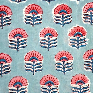 Blue Pink Block Print Cotton Fabric,Floral Print Fabric By the Yard,Fabric for Sewing,Upholstery Fabric,Dress Curtain Fabric,Indian Fabric