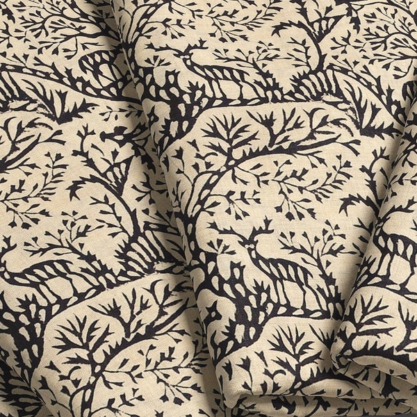 Tissu noir blanc cassé bloc, tissu imprimé cerf, tissu indien, végétal teint, par mètre, tissu pour robe, tissu pour rideaux, impression jungle