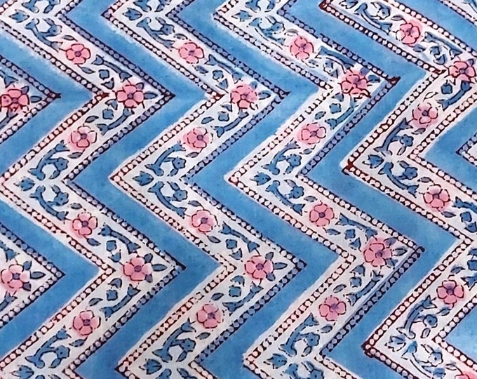 Blue Block Print Fabric,chevron Floral Print Fabric,by the Yard,curtain ...