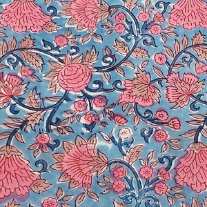 Blue Pink Indian Block Print Fabric,Floral Print Fabric,By the Yard,Dress Fabric,Curtain Fabric,Quilting Fabric,Vegetable Dyed,Cotton Fabric