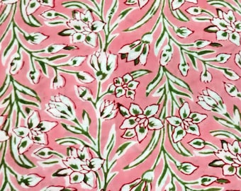 Pink Green Block Print Fabric,Floral Print Fabric,By the Yard Fabric,Dress Fabric,Curtain Fabric,Soft Cotton,Quilting Fabric