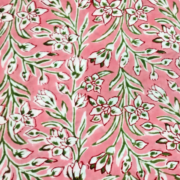Tissu d'impression de bloc vert rose, tissu d'impression florale, tissu par yard, tissu de robe, tissu de rideau, coton doux, tissu matelassé