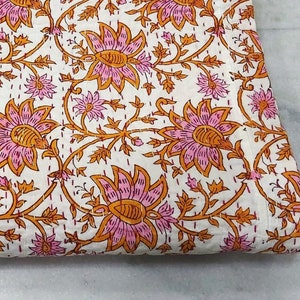 White Pink Orange Indian Kantha Quilt,Hand Block Print Quilt,Vegetable Dyed,Floral Print Kantha Quilt,Kantha Throw,Blanket ,Bohemian Quilted