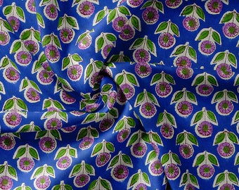 Tissu bleu à imprimé feuilles florales, voile de coton indien, tissu imprimé par mètre, Tela India, tissu indien, tissu Jaipur