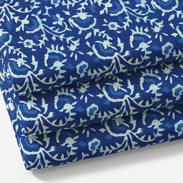 Indigo blauwe Indiase handblokprintstof, bloemenprintstof, op maat gesneden stof. Jaipur-stof, kledingstof, gordijnstof, quiltstof