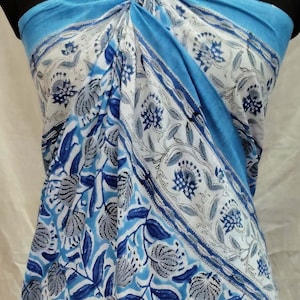 Blue Grey Beach Sarong for Women,Hand Block Print Sarong, Beach Cover Up,Cotton Pareo,Swimwear,Wrap Dress,Gift for Her,Scarf,Floral Sarong