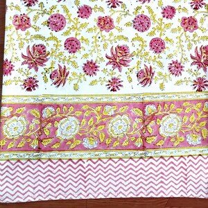 White Yellow Pink Tablecloth,Indian Block Print Tablecloth,Floral Table Cover,Cotton Sheet,Rectengular Tablecloth,Coton Printed Tablecloth