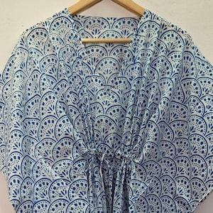 White Blue Cotton Floral Print Kaftan for Women,Indian Kaftan Block Print,Kaftan Maxi Dress,Beach Cover Up,Long Caftan,Dressing Gown
