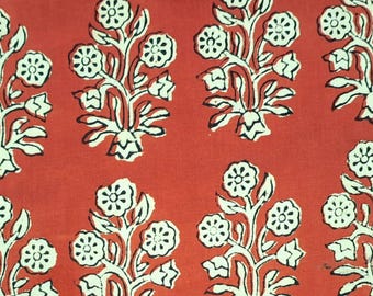 Floral Brick Red Beige Cotton Fabric By the Yard,Block Print Fabric for Sewing,Curtain Fabric,Upholstery Fabric,Indian Fabric