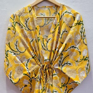 Yellow Kaftan Maxi Dress,Abstract Print,Loungewear,Cover Up,Long Short Kaftan Women, Kaftan Plus Size,Bridesmaid Gift,Hand Block Printed