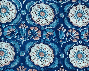 Tela de algodón azul cortada a medida, tela estampada en bloque para coser, tapicería, acolchado y vestidos, tela estampada floral india