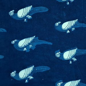 May include: A rectangular piece of dark navy blue fabric featuring a repeating pattern of light blue birds. Each bird is depicted in profile with stylised wings and a long tail, arranged in a consistent grid-like layout across the textile surface.