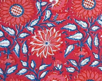 Red Blue Block Print Cotton Fabric for Sewing Dressmaking Quilting Upholstery,Curtain Fabric,Floral Print Fabric By the Yard