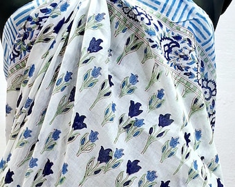 White Blue Indian Block Print Sarong,Sarong Floral,Sarong Pareo for Women,Beach Wrap Dress,Bikini Cover Up,Cotton Scarf,Gift for Her