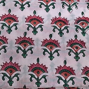 Tessuto stampato a blocchi bianco, rosa e verde, tessuto con stampa floreale, tessuto tagliato su misura, tessuto per sartoria, tessuto per tappezzeria, tessuto da cucito indiano