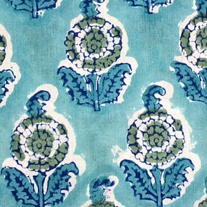 Blue Green Block Print Fabric,By the Yard Floral Indian Fabric,Fabric for Sewing,Upholstery Fabric,Dressmaking Fabric,Upholstery Fabric