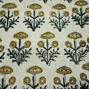 Beige Green Cotton Fabric By the Yard,Block Print Fabric for Sewing Quilting Upholstery Dress,Indian Floral Print Fabric,Curtain Fabric