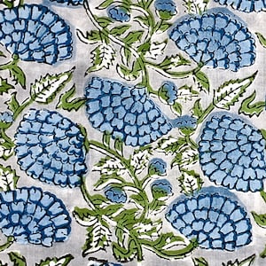 Green Blue By the Yard Floral Indian Block Print Fabric,Dressmaking Fabric,Fabric for Sewing,Clothings,Curtain Fabric,Upholstery Fabric