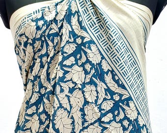 Blue Beige Sarong Indian Block Print Floral Print,Sarong Pareo for Women,Beach Wrap Dress,Sarong Dress,Bikini Cover Up,Cotton Scarf