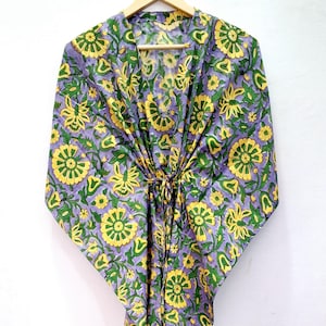 Blue Yellow Floral Kaftan Dress for Women,Block Print,Maxi Dress,Loungewear,Beach Cover Up,Long Caftan,Bridesmaid gift,Dressing Gown